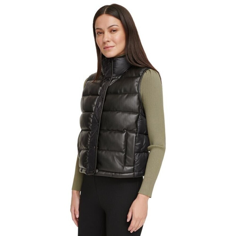 DKNY Women's Sleeveless Stand-Collar Faux Leather Puffer Vest Black XL - Picture 3 of 4